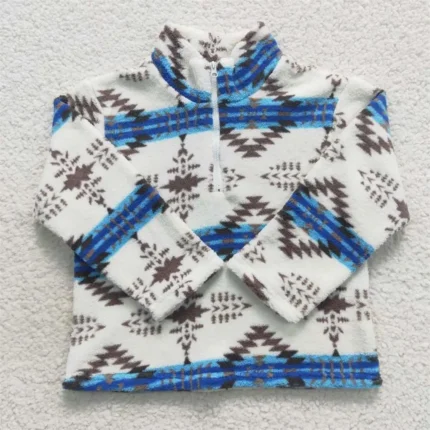 Baby Boy Girl Winter Fur Coat Long Sleeves Blue Aztec Overcoat Grain Fleece Lapel Zipper Children Infant Western Thick Cardigan